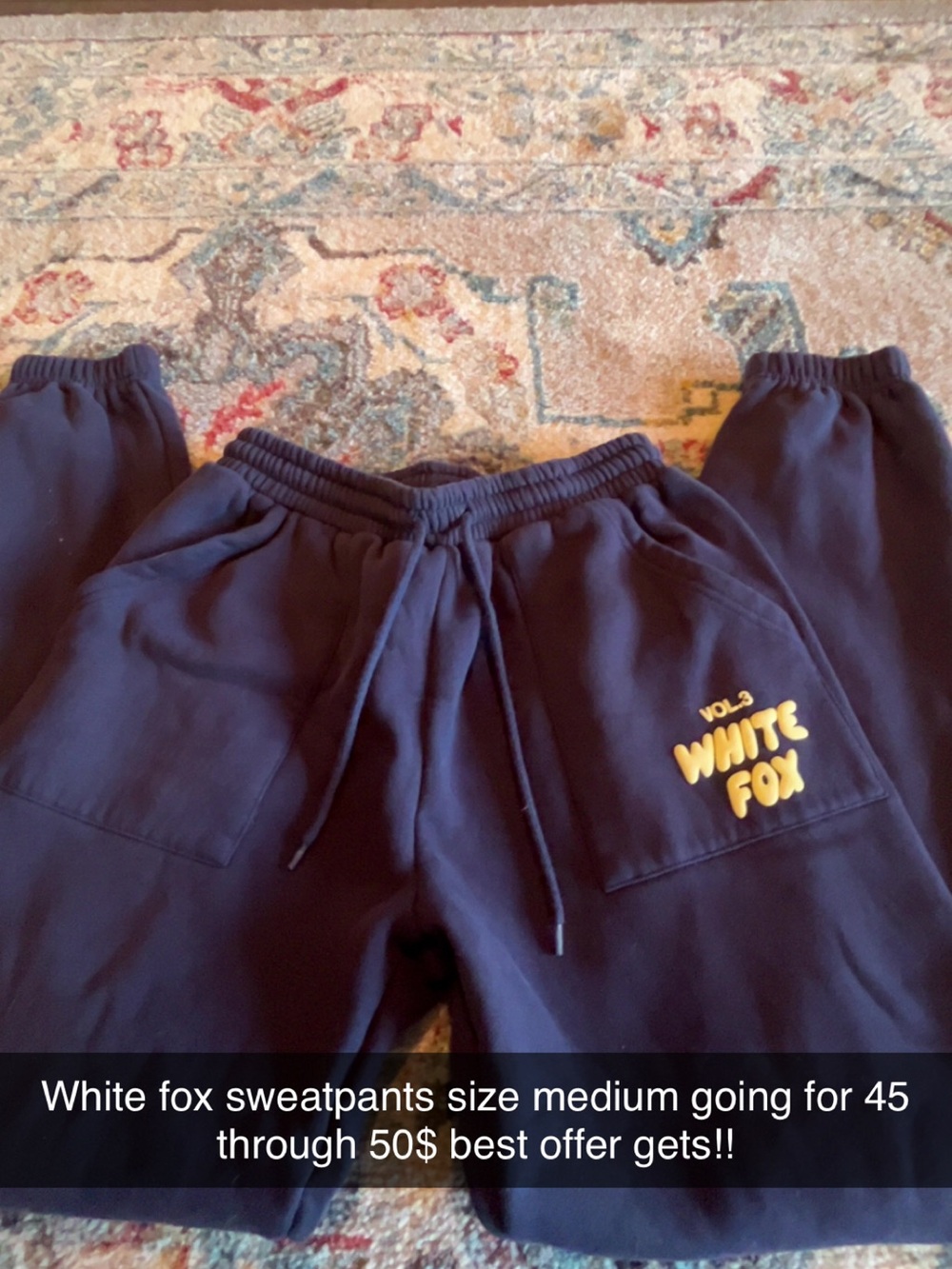 White Fox Boutique Wide Leg Navy Sweatpants with Yellow Logo